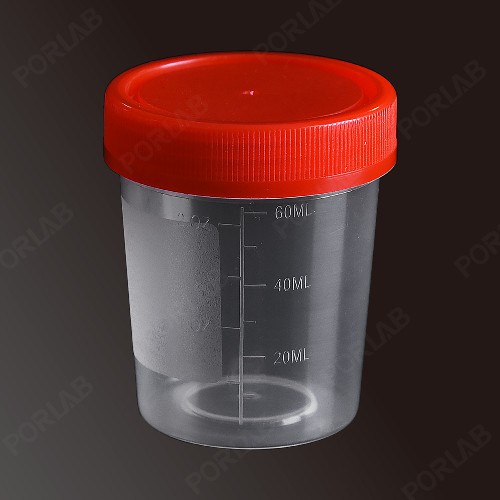 URINE CONTAINERS, PP, GRADUATED, RED SCREW CAP, IND. WRAPPED STERILE, 60ML