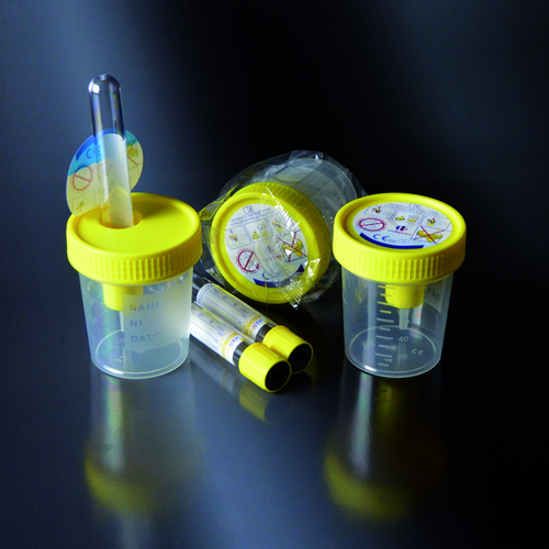 URINE CONTAINERS, FOR VACUUM TUBES, PP, GRADATED, YELLOW SCREW CAP, IND. WRAPPED STERILE, 120 ML